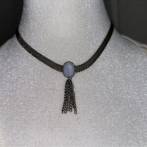 Thick Silver Tone Mesh Strand Choker Necklace Sky Blue Pearl Tassel Strands